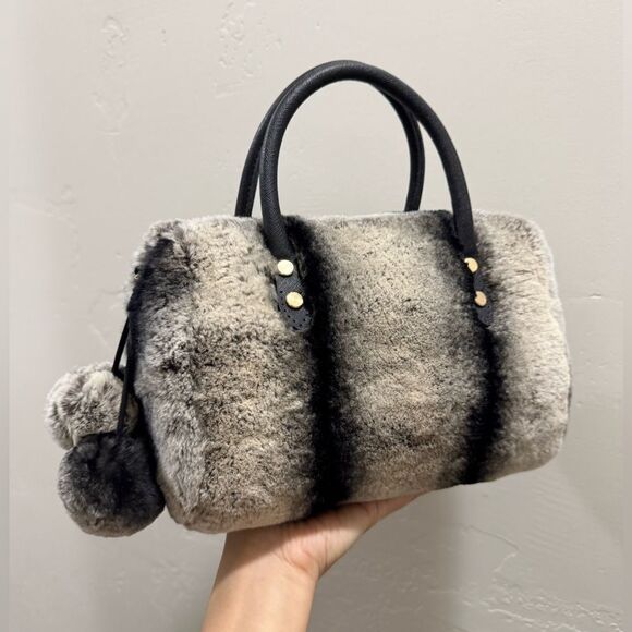 2 Tone Gradient Real Rex Rabbit Fur Boston Bag/Crossbody & 2 Fur Balls Charm - Picture 1 of 16